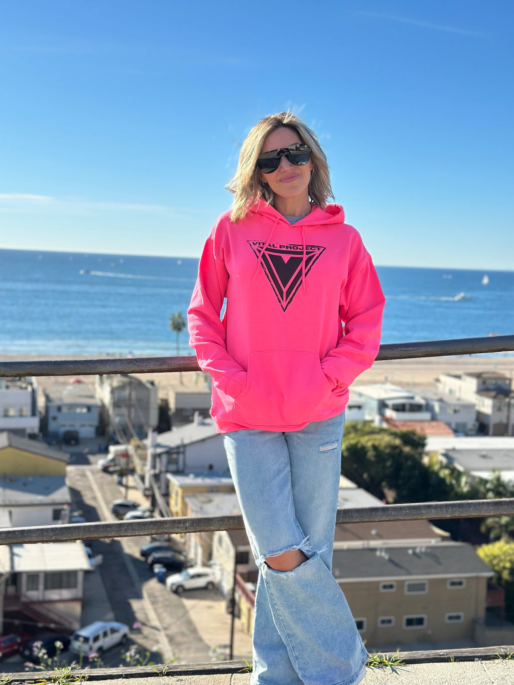 Unisex Hanes P170 Hi-Vis Hoodie in Safety Pink - Neon Industrial Streetwear Vital project 