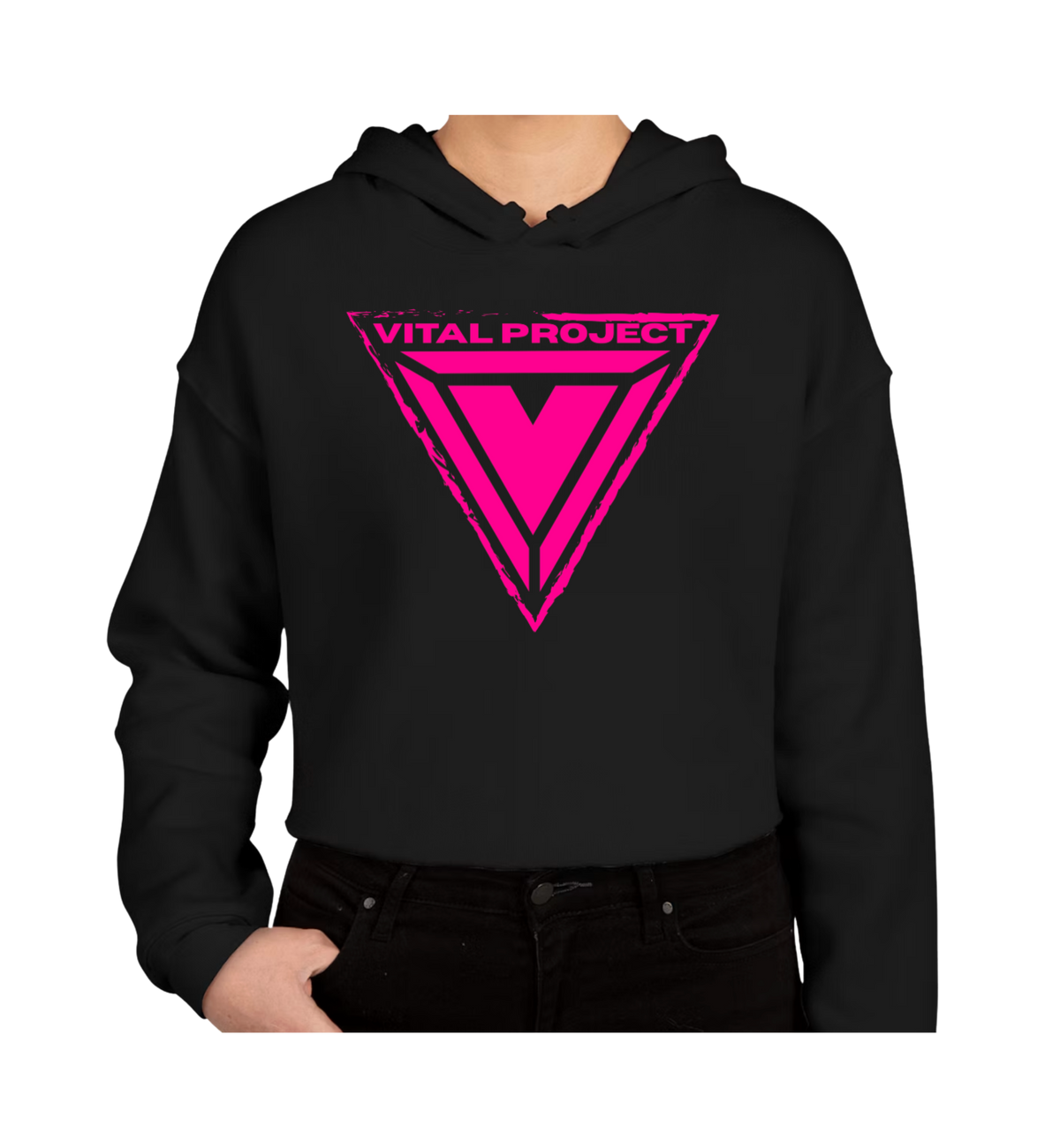 Black Vital Crop Hoodie - Pink Reflective