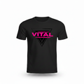 Vital Tee black with pink neon reflective graphic, no model, full view