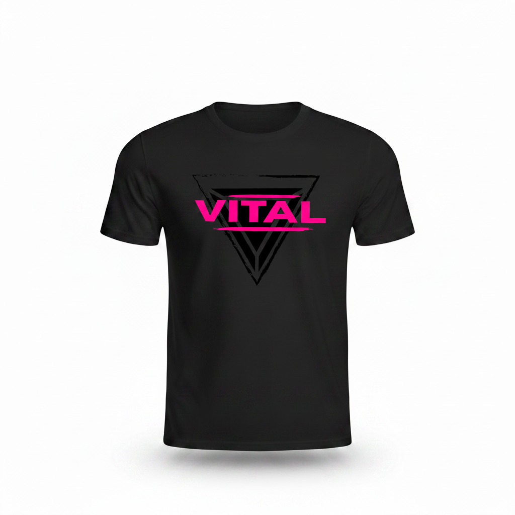 Vital Tee black with pink neon reflective graphic, no model, full view